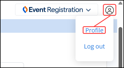Top-right of Event Registration with profile image and Profile highlighted.