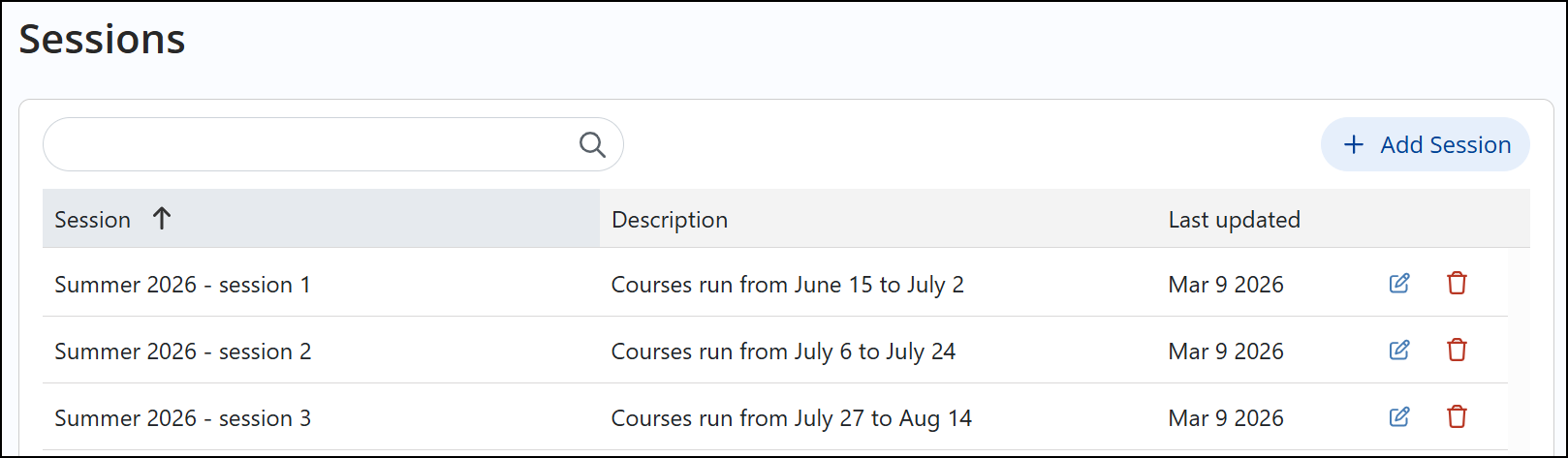Sessions page