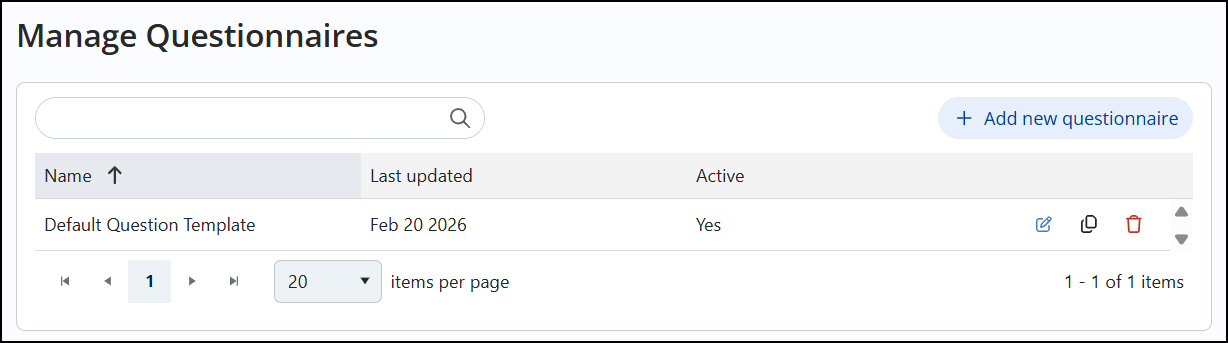 Manage questionnaires page