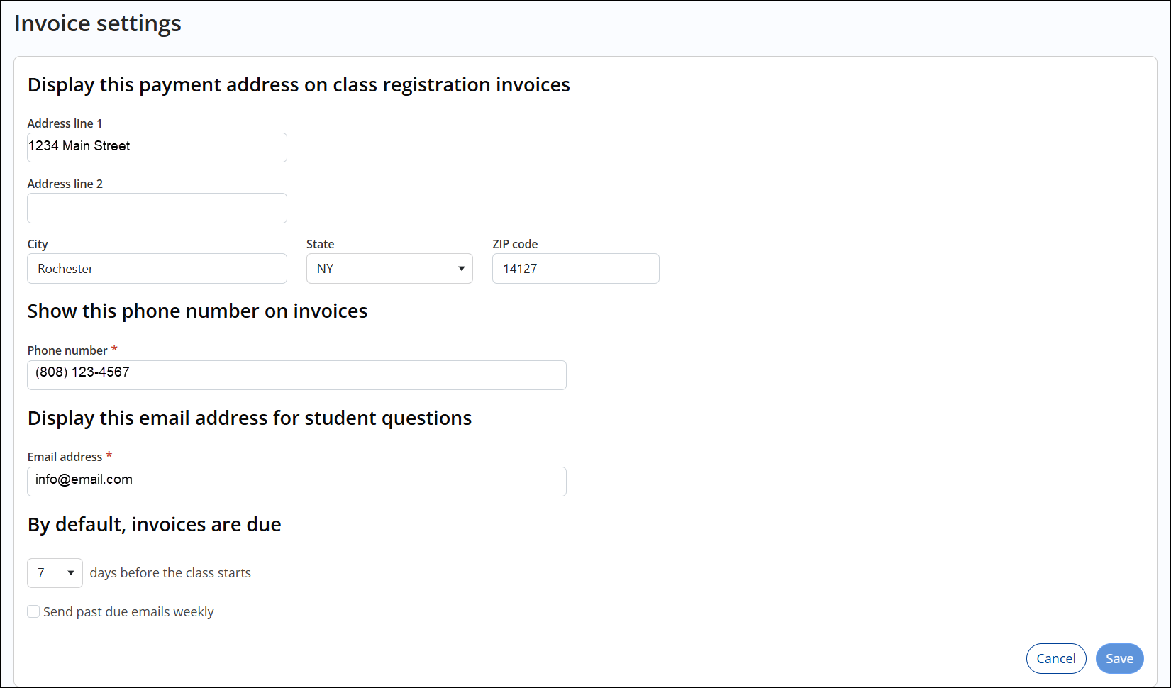 Invoice settings page