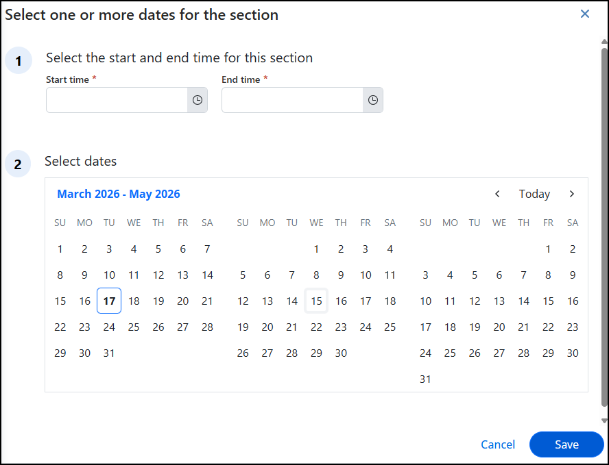 Select dates and time for section pop-up