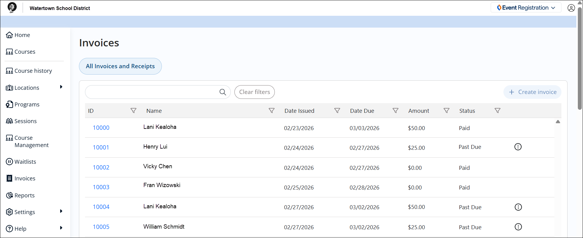 Invoices page.