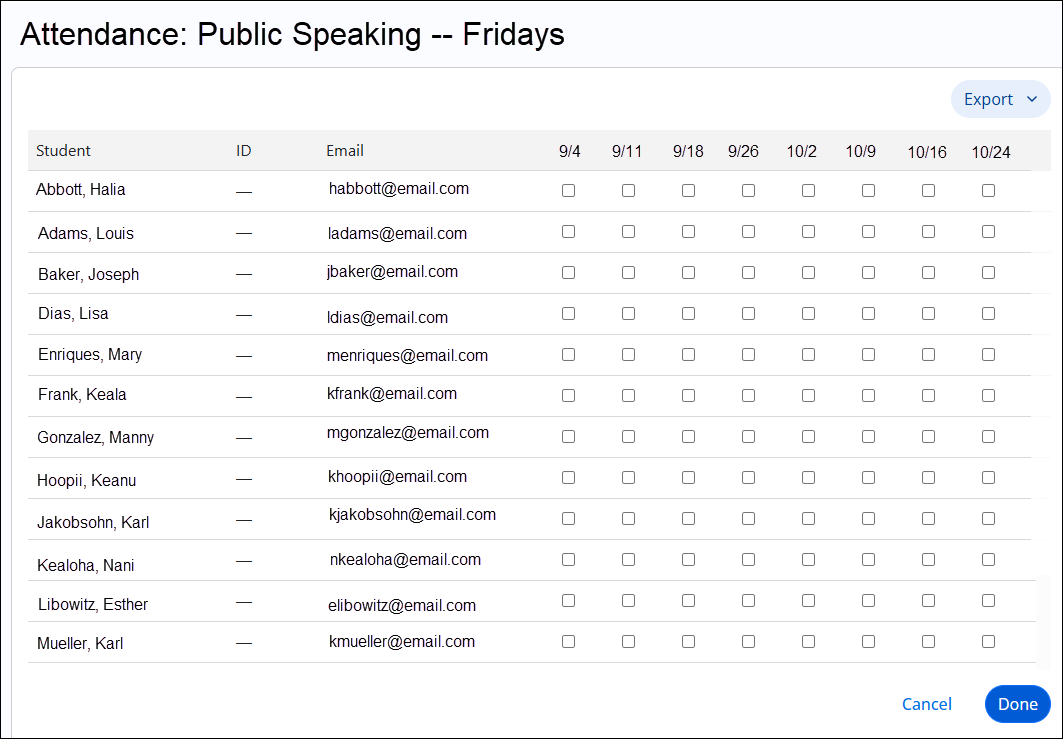 Attendance page.