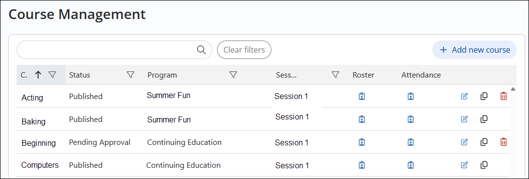 Course Management page.