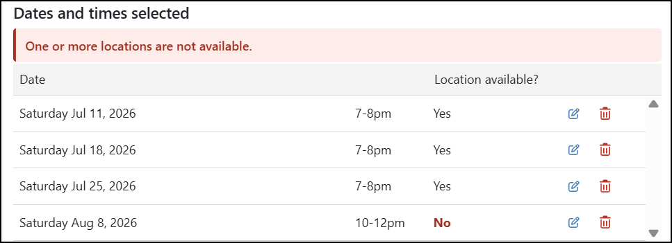 Dates and time selected with Unavailable.