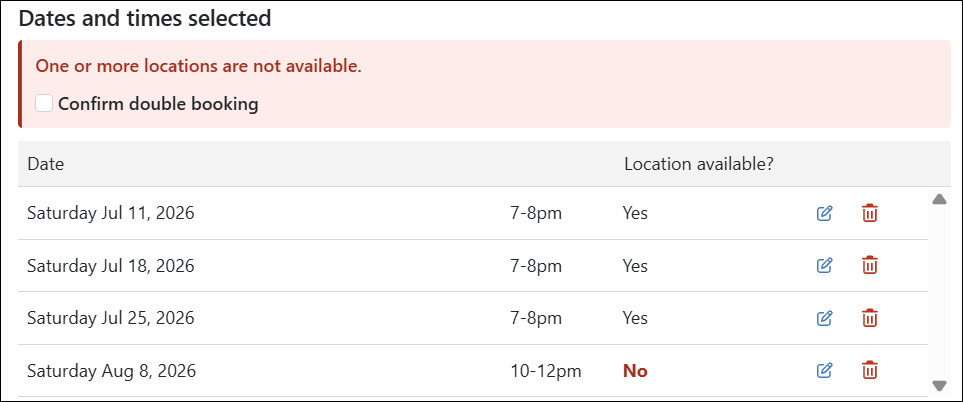 Date and times selected with Confirm double booking message.